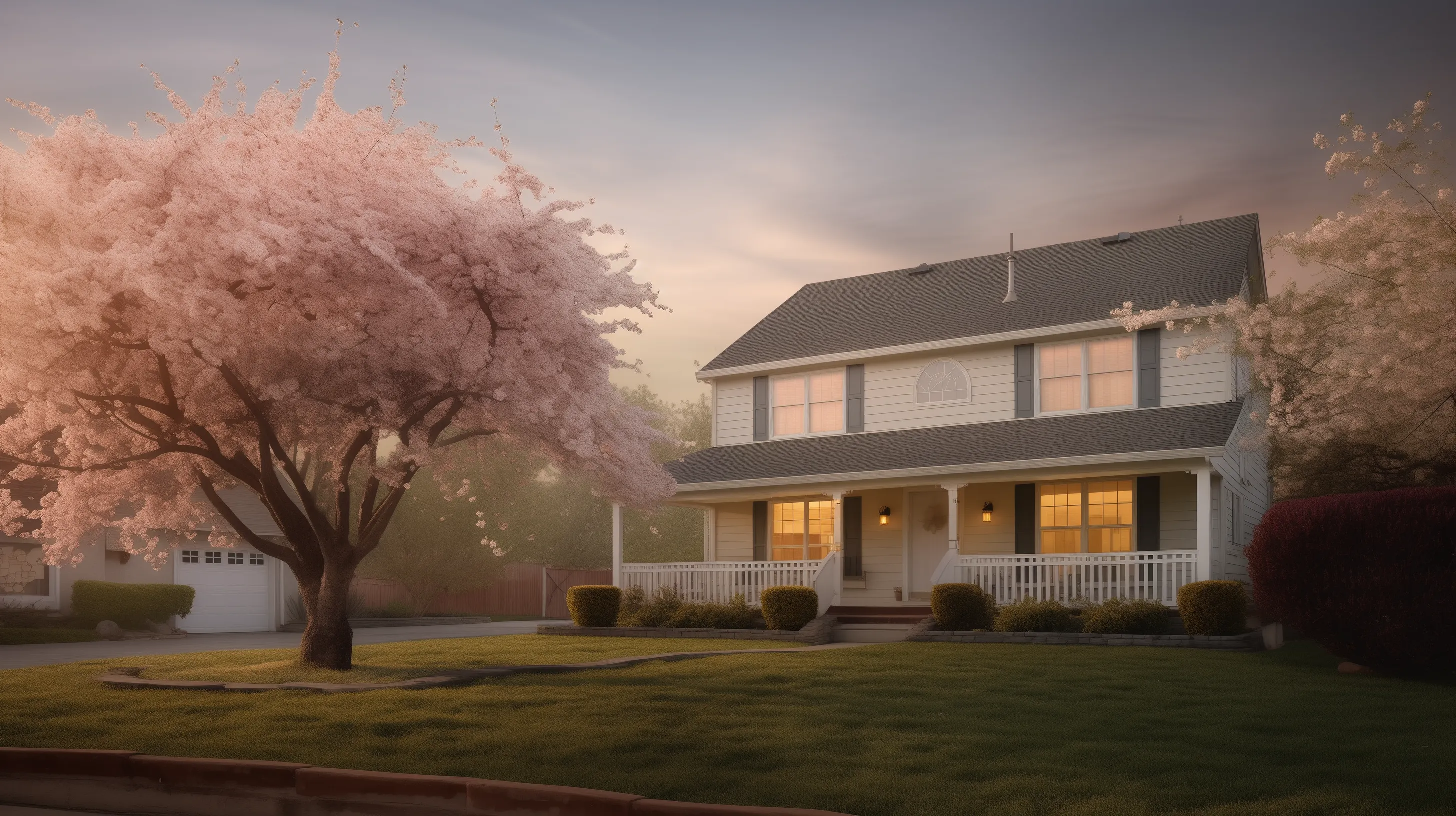 A tranquil suburban street at twilight, centered on a classic two-story home with front porch, framed by a blooming spring cherry tree, soft porch lights glowing, and a dusky sky, illustrating ideal seasonal curb appeal.